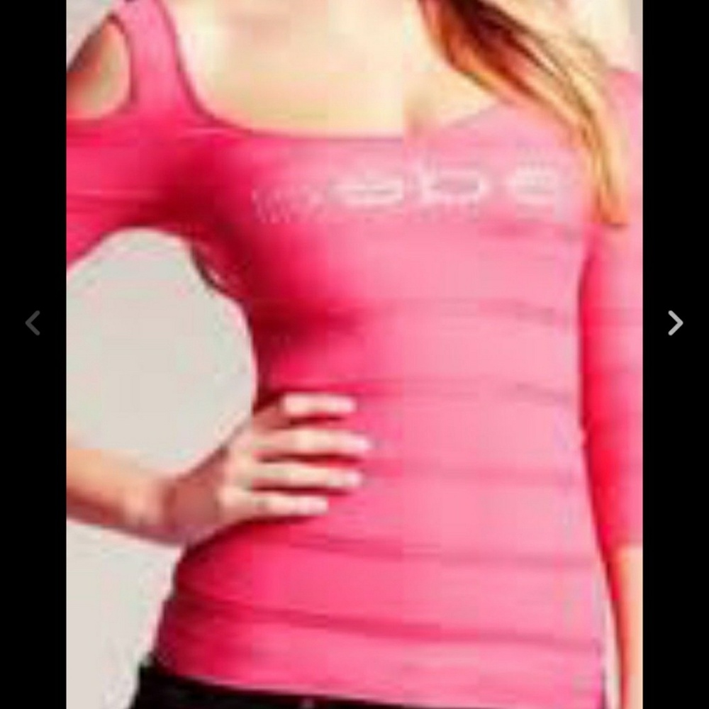 Bebe off the shoulder bondage stretchy logo top